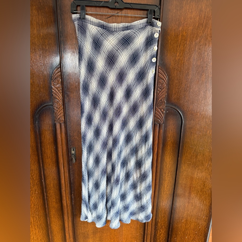 Vintage 1990’s Bias Cut Navy & White Ankle Length Skirt w Side Buttons S / M - Picture 3 of 6